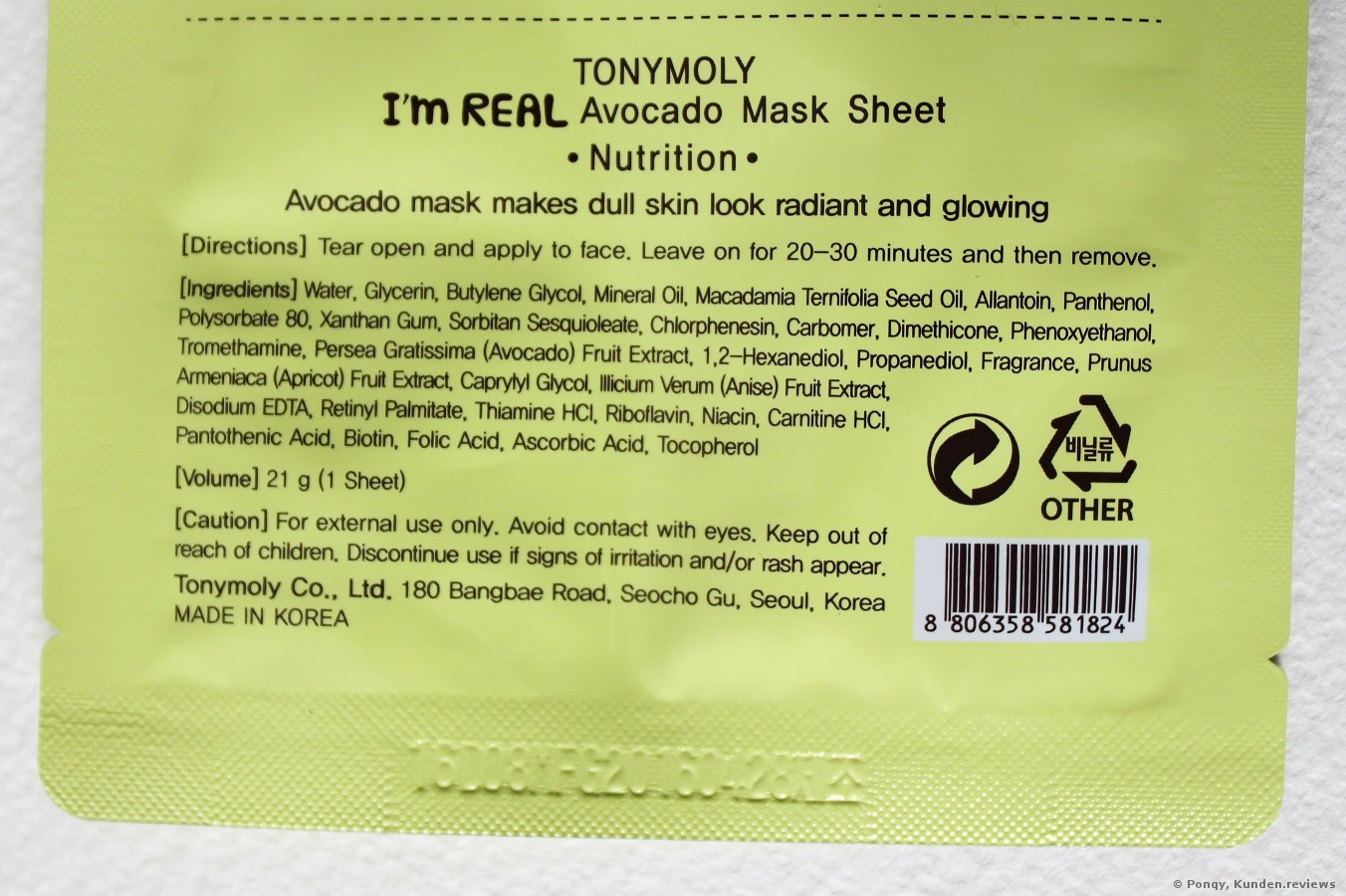 Tony Moly I´m Real Avocado Sheet-Mask Gesichtsmaske Foto